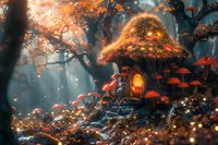 Magical glowing mushroom house in enchanted autumn forest with illuminated windows, floating sparkles and red toadstools creating fairytale atmosphere at dusk.