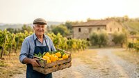 Senior male farmer with gray hair and beard, wearing blue shirt and cap, holding wooden crate of fresh yellow produce in vineyard with rustic villa and grapevines at harvest time.