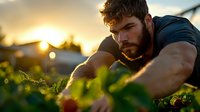 Muscular bearded man in dark t-shirt crouching in garden at golden sunset hour, sunlight creating dramatic backlit effect through leaves and highlighting facial features.