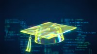 Glowing yellow graduation cap with digital code background, representing online education, e-learning, and technology-based academic achievement and certification.