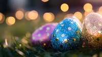 Glittering Easter eggs with polka dot patterns and sparkly decorations against blurred bokeh lights background, creating festive spring holiday atmosphere.