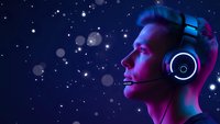 Young man with headset in cosmic space environment with stars and nebula effects for gaming and communication technology concepts.
