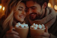 Young couple sharing intimate moment with hot chocolate and marshmallows, warm golden bokeh lights creating cozy romantic atmosphere during winter evening.