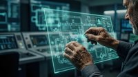Senior engineer analyzing holographic technical blueprints on transparent display in modern control room with advanced monitoring systems.