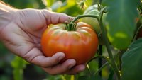 Hand gently holding fresh ripe red tomato on vine in garden. Organic farming, homegrown vegetables, sustainable agriculture and healthy eating concept.