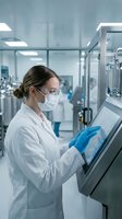 Female scientist in protective gear operating touchscreen equipment in modern pharmaceutical laboratory with sterile manufacturing environment.