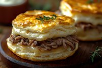 Flaky golden puff pastry filled with tender pulled beef and melted cheese, garnished with fresh herbs on wooden board. Close up food photography.