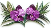 Vibrant purple orchid flowers with green tropical leaves on white background, artistic botanical illustration for decorative prints and designs.