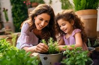 Hispanic mother and daughter sharing joyful moment while gardening together, planting herbs in terracotta pot on sunny patio. Perfect for family lifestyle, parenting and sustainable living concepts.