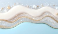 Luxurious abstract waves in beige and blue with gold glitter and pearls create elegant layered design. Fluid art background for luxury branding and decor.