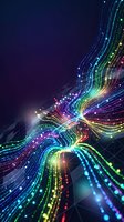 Abstract digital rainbow light streams flowing with glowing particles and neon colors on dark background for technology presentations and futuristic designs.