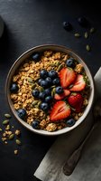 Overhead view of granola bowl with fresh blueberries, strawberries, and pumpkin seeds on dark slate surface. Breakfast and healthy eating concept.
