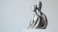 Minimalist sculpture of embracing couple in smooth flowing silver forms against light background, expressing unity and connection through abstract modern art style.