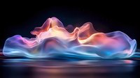 Ethereal glowing waves in pink, orange and blue colors create abstract light painting effect against dark background, reflecting on glossy surface.