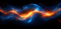 Cosmic energy waves in orange and blue colors flow through dark space creating dynamic abstract background with glowing light effects and stars.