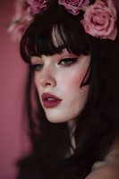 Profile portrait of woman with dark hair and bangs against pink background, adorned with roses, wearing dramatic makeup and burgundy lipstick.