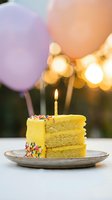 Yellow birthday cake slice with lit candle and colorful sprinkles on plate with pastel balloons and warm bokeh lights creating festive celebration atmosphere.