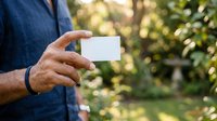 Man in blue shirt holding blank white business card outdoors with blurred green garden background, suitable for corporate branding and marketing materials.