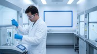 Male scientist in white lab coat and safety glasses conducting research with test tube in modern laboratory facility with blank monitor screen.