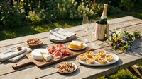 Outdoor dining table set with wine, charcuterie, appetizers, and fresh flowers for summer entertaining and celebration gatherings.