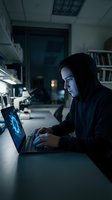 Hooded hacker working on laptop in dark office environment with blue screen glow, cybersecurity threat concept for technology and data protection themes.