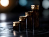 Stacked gold coins forming ascending graph bars on dark background with bokeh lights, representing financial growth and investment success. Concept for wealth management.