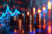 Stacks of coins against financial chart background with dramatic blue and orange lighting, perfect for investment, trading and financial market concepts.