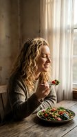 Young blonde woman enjoying fresh salad with tomatoes and greens in cozy kitchen by window, healthy eating lifestyle and nutrition concept.