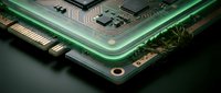 Close-up of green circuit board with glowing neon lines, electronic components and pathways. Technology and innovation concept for computing, hardware and digital systems.