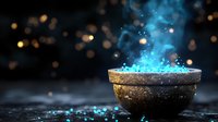 Mystical glowing blue smoke rising from ancient stone bowl with magical sparkles and particles against dark background with golden bokeh lights.