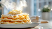 Stack of fluffy buttermilk pancakes topped with melting butter and powdered sugar on white plate, steam rising in morning light against bright window background.