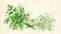 Fresh parsley and dill bouquet, watercolor painting with green splashes on light background, culinary herb art for kitchen decor and food design.