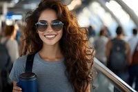 Young woman with curly brown hair wearing sunglasses smiling at airport terminal holding coffee cup ready for travel adventure.