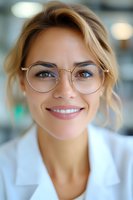 Young Caucasian female professional wearing round metal frame glasses and white blazer smiles warmly at camera, displaying confident and friendly expression.