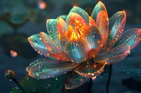 Magical glowing lotus flower with luminescent petals in turquoise and orange colors against dark background, perfect for spiritual, wellness and meditation designs or fantasy art projects.