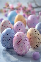 Speckled pastel Easter eggs with splatter pattern design on marble surface, pink spring blossoms in soft focus background creating festive holiday atmosphere.