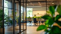 Modern open office space with glass walls, indoor plants and natural lighting creating eco-friendly work environment. Blurred green leaves in foreground add depth.