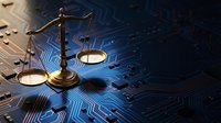 Brass scales of justice glowing on digital circuit board background, symbolizing legal technology, cybersecurity law, and digital compliance for business and regulatory concepts.