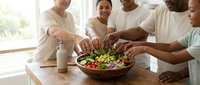 Diverse group of men in casual beige clothing gathered around wooden table, sharing fresh salad bowl together in bright, sunlit space. Healthy eating and male bonding concept.