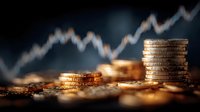 Golden coins stacked with blurred financial chart showing upward trend in background representing investment growth and market success.