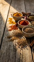 Colorful spices and herbs in wooden bowls on rustic table with scattered seeds and powder for cooking and seasoning culinary preparations.