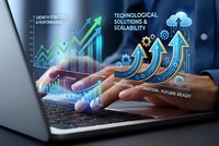 Business professional analyzing digital growth charts and technological solutions on laptop with holographic data visualization and upward trending arrows.