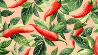 Vibrant red chili peppers with detailed green leaves on peach background create seamless pattern for fabric, wallpaper and surface design projects.