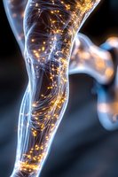 Glowing neural network visualization with interconnected light paths forming leg shape, representing artificial intelligence and human anatomy in blue and gold tones.