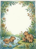 Watercolor capybara family frame with lush greenery, pond, and flowers, featuring a white center space for text or design use.