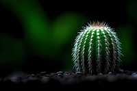 Small round barrel cactus with sharp white spines growing in dark soil against blurred green background, dramatic lighting highlights thorny texture.