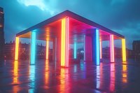 Modern pavilion illuminated with vibrant neon lights reflecting on wet surface against dramatic evening sky, creating futuristic urban atmosphere.