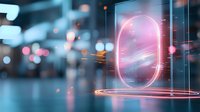 Glowing neon pink portal frame with futuristic holographic effect against blurred urban background with bokeh lights creates sci-fi atmosphere.
