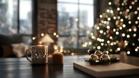 Cozy winter evening with hot drink in constellation mug, burning candle and Christmas decorations on wooden table against blurred festive tree and city window view.