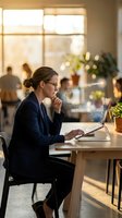 Focused Caucasian businesswoman in glasses working on laptop with glowing digital particles in modern coworking space, technology concept.